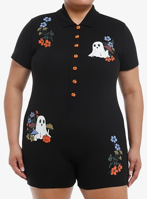 Thorn & Fable Ghosts Pumpkins Flowers Girls Polo Romper Plus