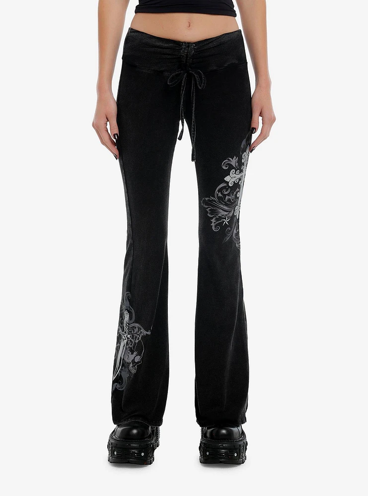 Social Collision Cross & Dagger Wash Flared Girls Lounge Pants