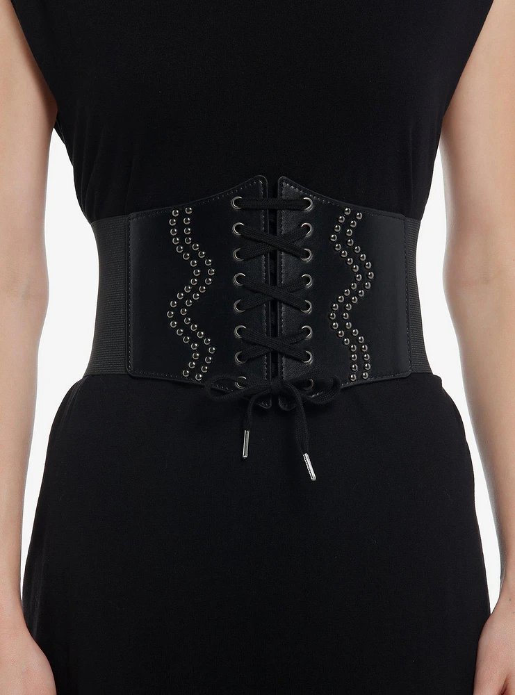 Black Lace-Up Stud Corset Belt