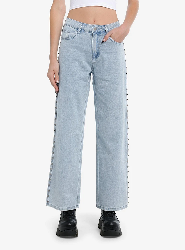 Light Blue Studded Wide-Leg Jeans