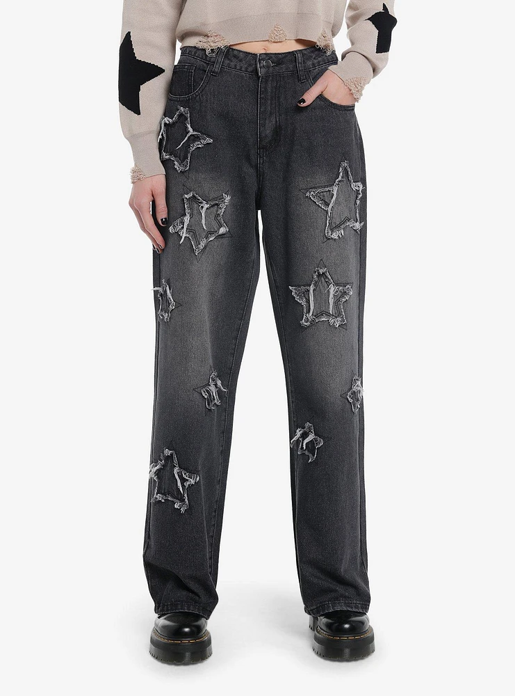 Black Frayed Star Patch Wide Leg Denim Pants