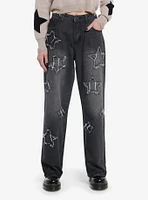 Black Frayed Star Patch Wide Leg Denim Pants