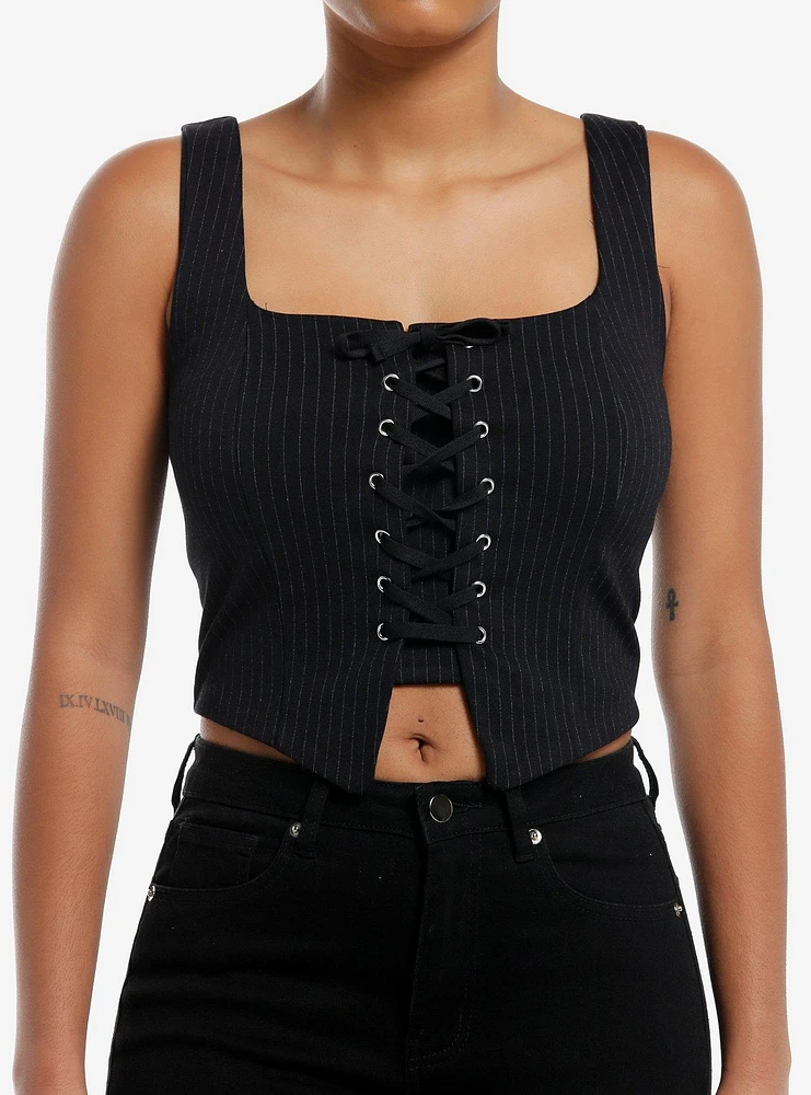 Black Pinstripe Lace-Up Girls Tank Top