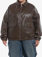 Daisy Street Heart Embroidered Brown Faux Leather Girls Jacket Plus