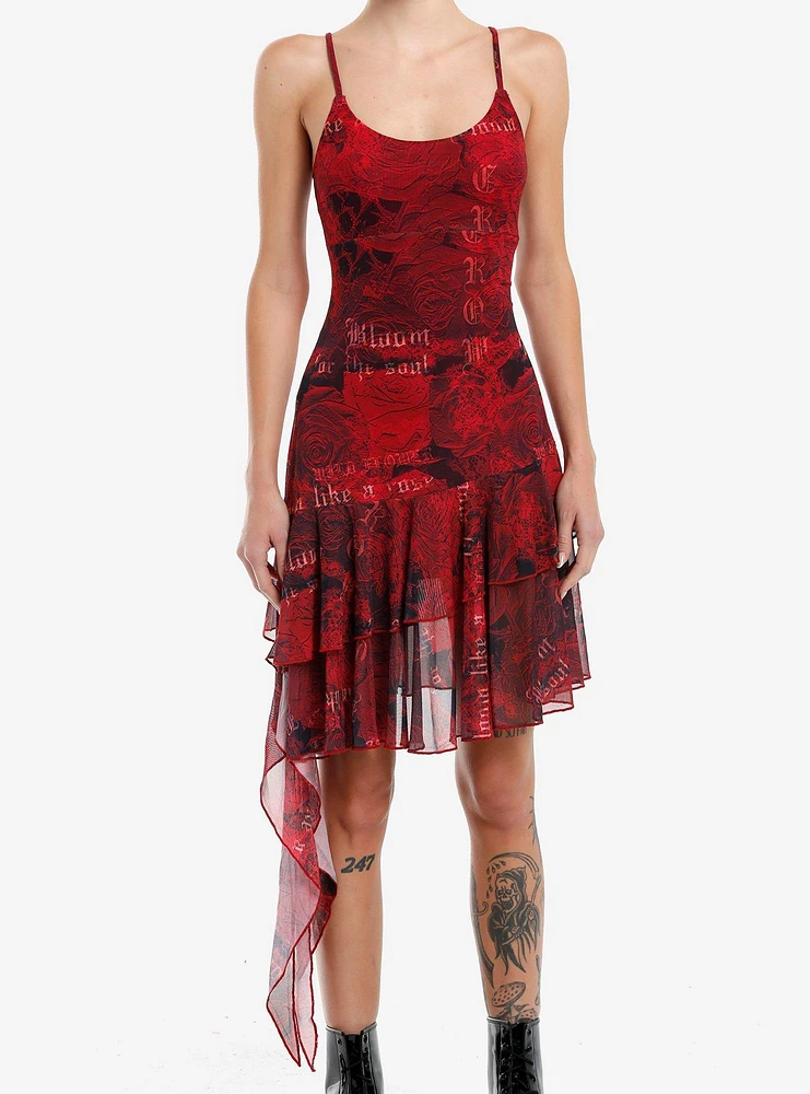 Red Paisley Rose Ruffle Asymmetrical Dress