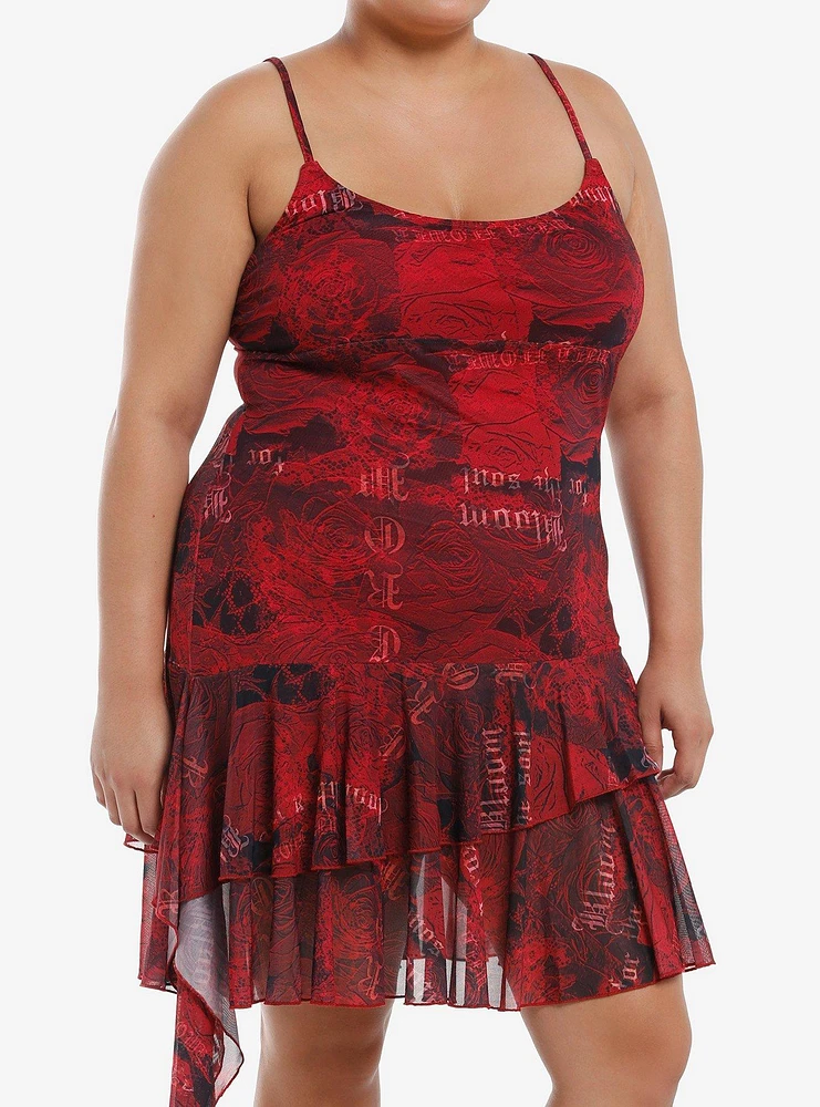 Red Paisley Rose Ruffle Asymmetrical Dress Plus