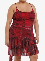 Red Paisley Rose Ruffle Asymmetrical Dress Plus