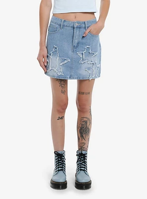 Light Indigo Frayed Star Patches Denim Mini Skirt