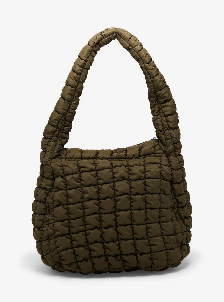 Army Green Quilted Puffer Shoulder Tote Bag