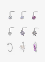 Steel Purple Flower Nose Stud & Hoop 9 Pack