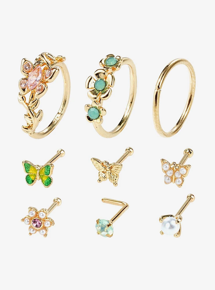 Steel Gold Butterfly Flower Nose Stud & Hoop 9 Pack