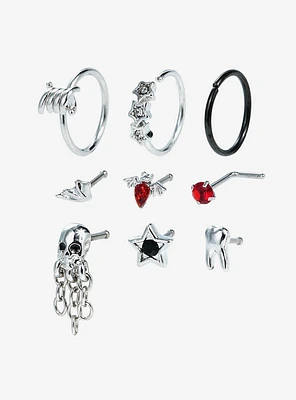 Steel Skull Bat Nose Stud & Hoop 9 Pack