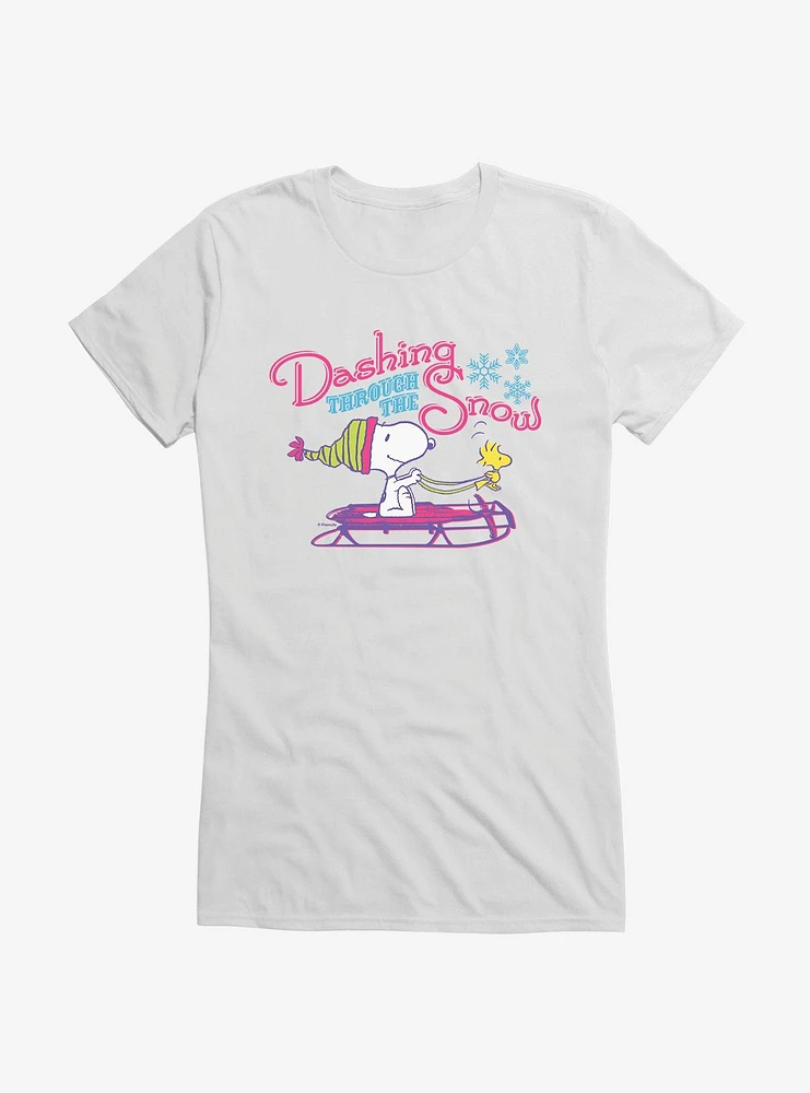 Peanuts Dashing Through The Snow Snoopy Woodstock Girls T-Shirt