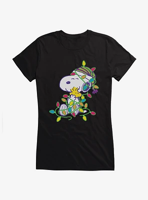 Peanuts Snoopy And Woodstock Wrapped Lights Girls T-Shirt