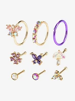 Steel Mix Gem Butterfly Nose Stud & Hoop 9 Pack