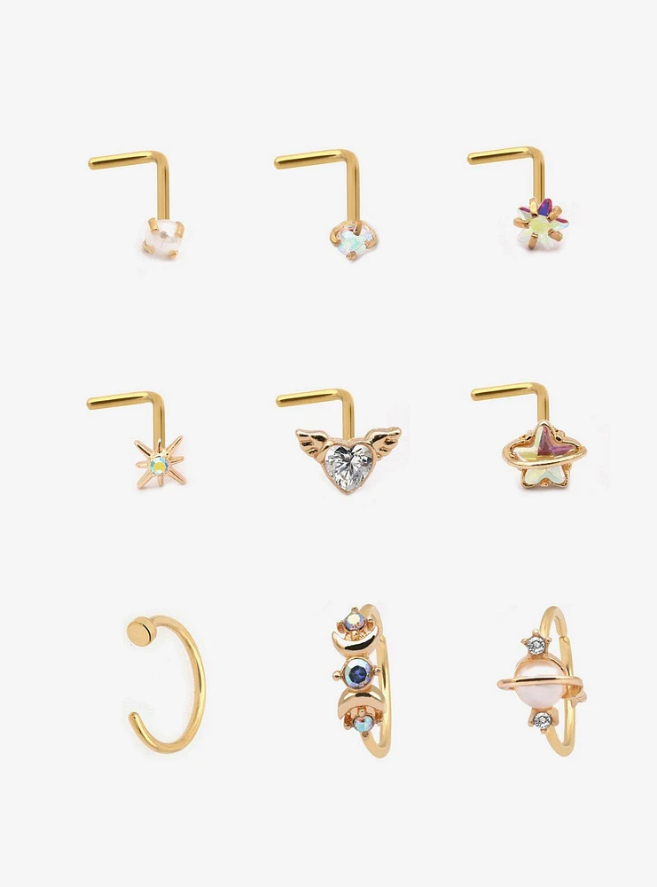 Steel Gold Star Planet Nose Stud & Hoop 9 Pack