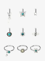 Steel Turquoise Butterfly Nose Stud & Hoop 9 Pack