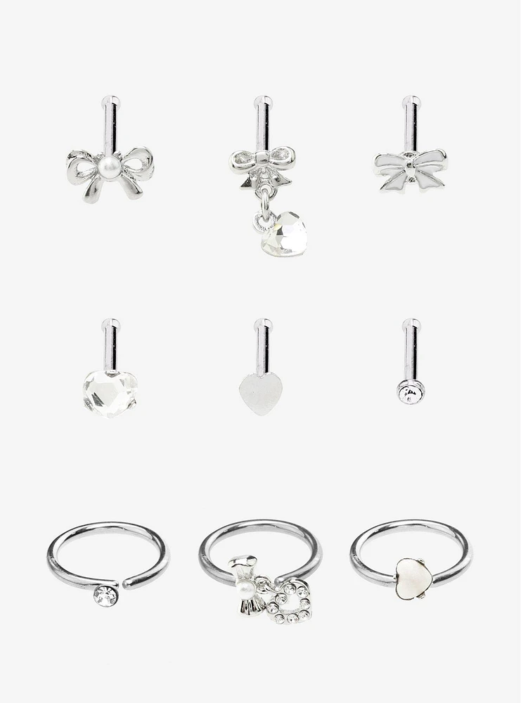 Steel Bow Heart Nose Stud & Hoop 9 Pack