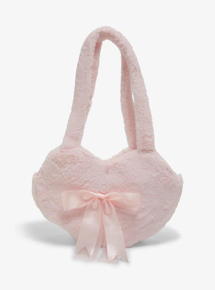 Pastel Pink Heart Fuzzy Plush Tote Bag