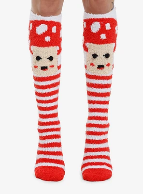 Mushroom Red & White Stripe Knee-High Fuzzy Socks