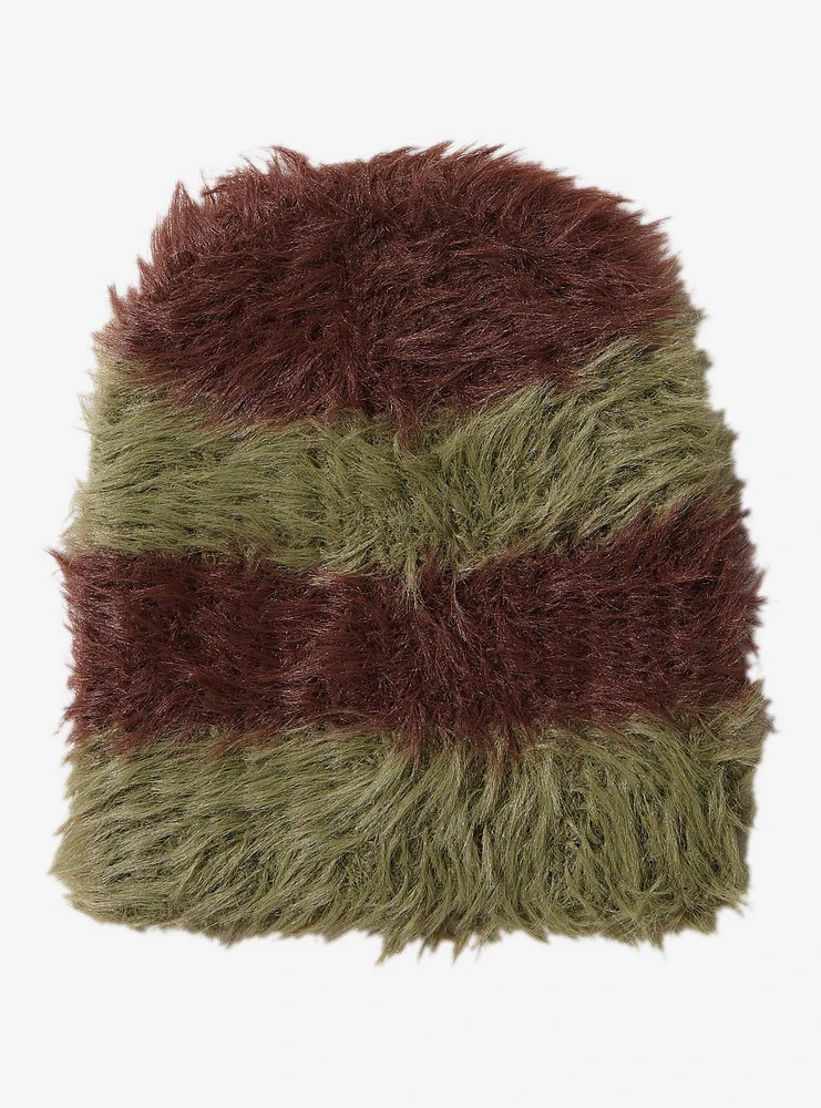 Brown & Green Stripe Fuzzy Beanie