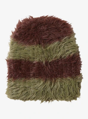 Brown & Green Stripe Fuzzy Beanie