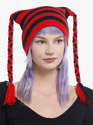 Black & Red Stripe Ear Braided Tassel Beanie