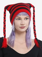 Black & Red Stripe Ear Braided Tassel Beanie