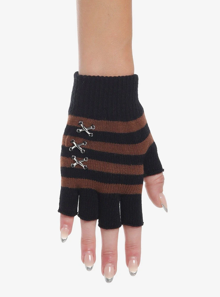 Brown & Black Stripe Stitched Fingerless Gloves