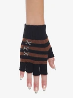 Brown & Black Stripe Stitched Fingerless Gloves