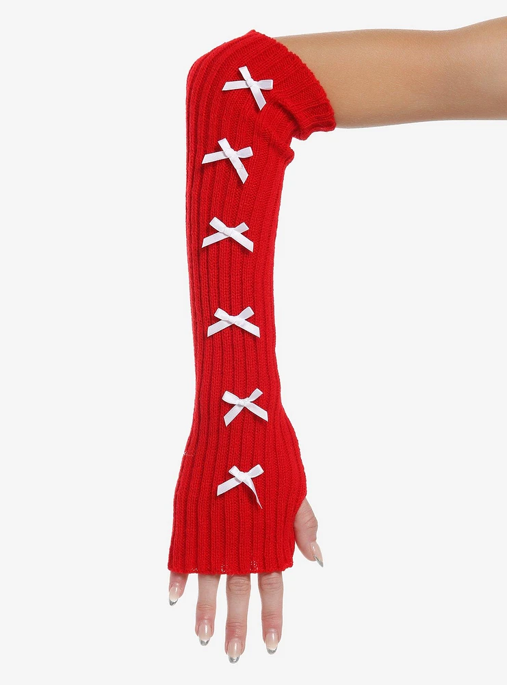 Red Ribbed & White Bow Arm Warmers