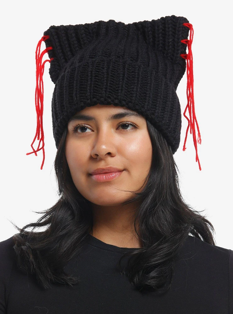 Black & Red Tassel Ear Beanie