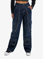 Dark Blue Grommets & Chains Wide-Leg Jeans