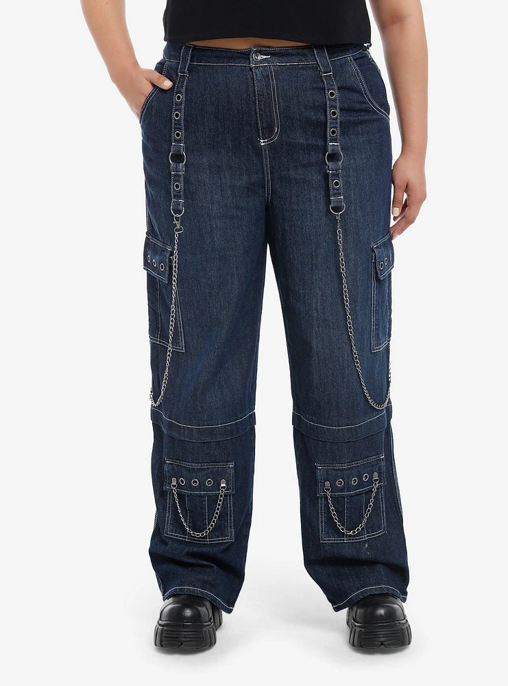 Dark Blue Grommets & Chains Wide-Leg Jeans Plus