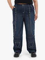 Dark Blue Grommets & Chains Wide-Leg Jeans Plus