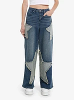 Two-Toned Star Appliqué Wide-Leg Jeans