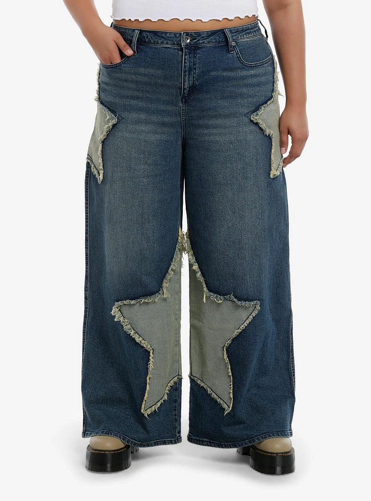 Two-Toned Star Appliqué Wide-Leg Jeans Plus