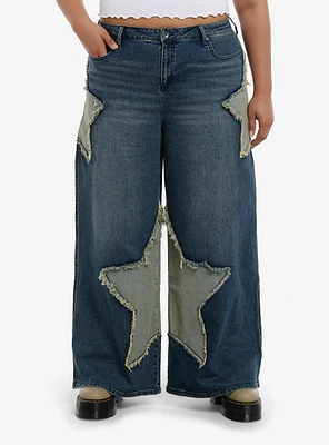 Two-Toned Star Appliqué Wide-Leg Jeans Plus