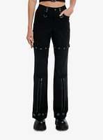 Black Grommet Zipper Flare Pants