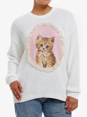 Sweet Society Kitten Portrait Knit Girls Oversized Sweater