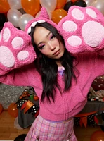 Sweet Society Fuzzy Pink Monster Paw Girls Crop Hoodie