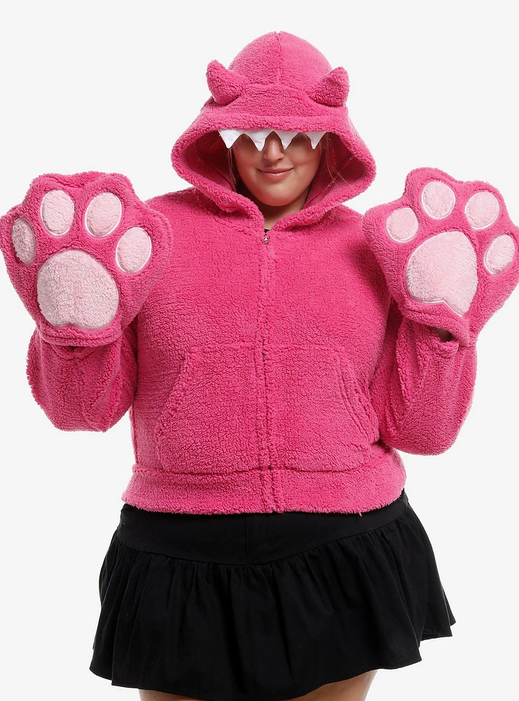 Sweet Society Fuzzy Pink Monster Paw Girls Crop Hoodie Plus