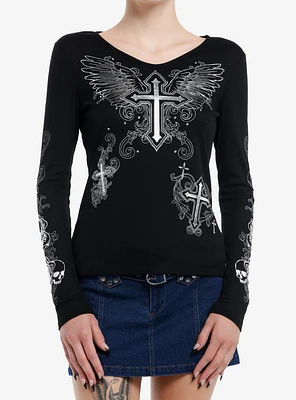 Social Collision Winged Cross Silver Foil Girls Long-Sleeve Top