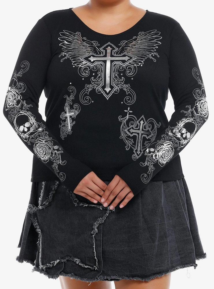 Social Collision Winged Cross Silver Foil Girls Long-Sleeve Top Plus