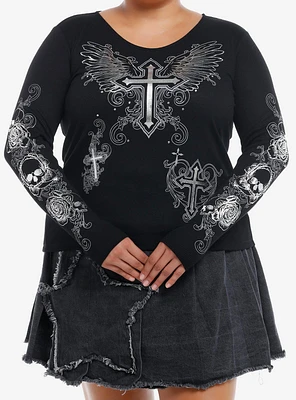 Social Collision Winged Cross Silver Foil Girls Long-Sleeve Top Plus