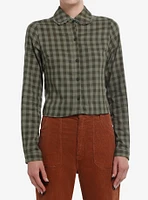 Thorn & Fable Green Checkered Girls Crop Long-Sleeve Button-Up