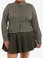 Thorn & Fable Green Checkered Girls Crop Long-Sleeve Button-Up Plus