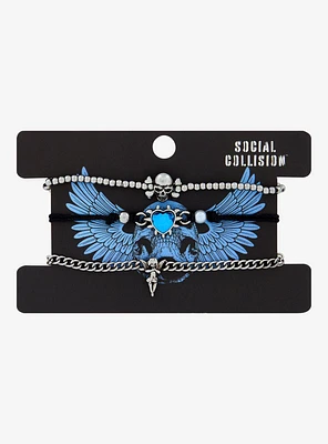 Social Collision Blue Heart Skull Bracelet Set