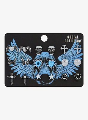 Social Collision Skull Cross Heart Stud Earring Set