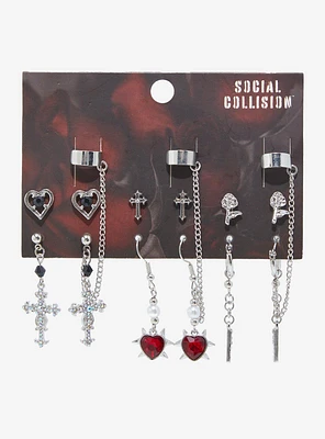 Social Collision Heart Spike Cross Cuff Earring Set